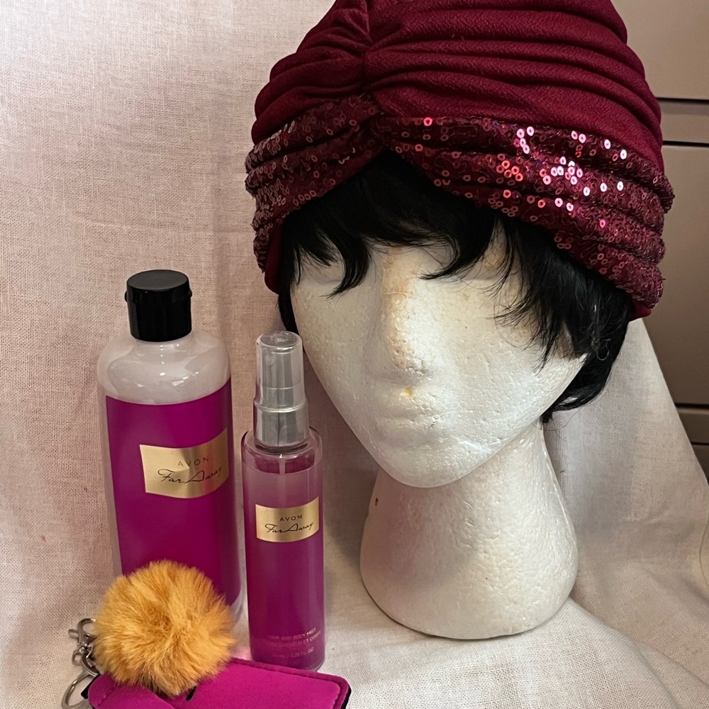 Avon Far Away Shampoo Bundle with Burgundy Sequin Turban